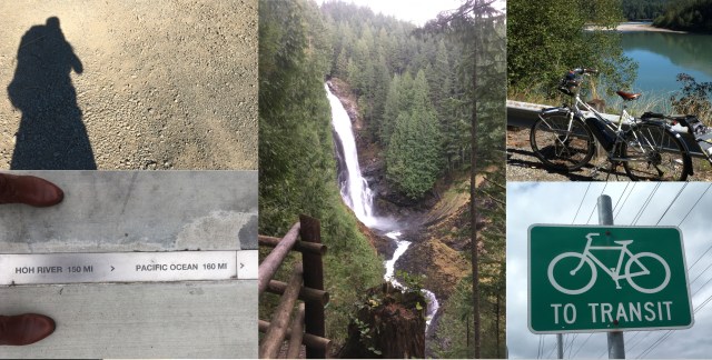 A collage of photos from my various transit treks. Includes my shadow with backpacking pack looming over shadow, my bike leaning on a railing above a river, a waterfall, and green traffic sign with a bike icon that says TO TRANSIT.