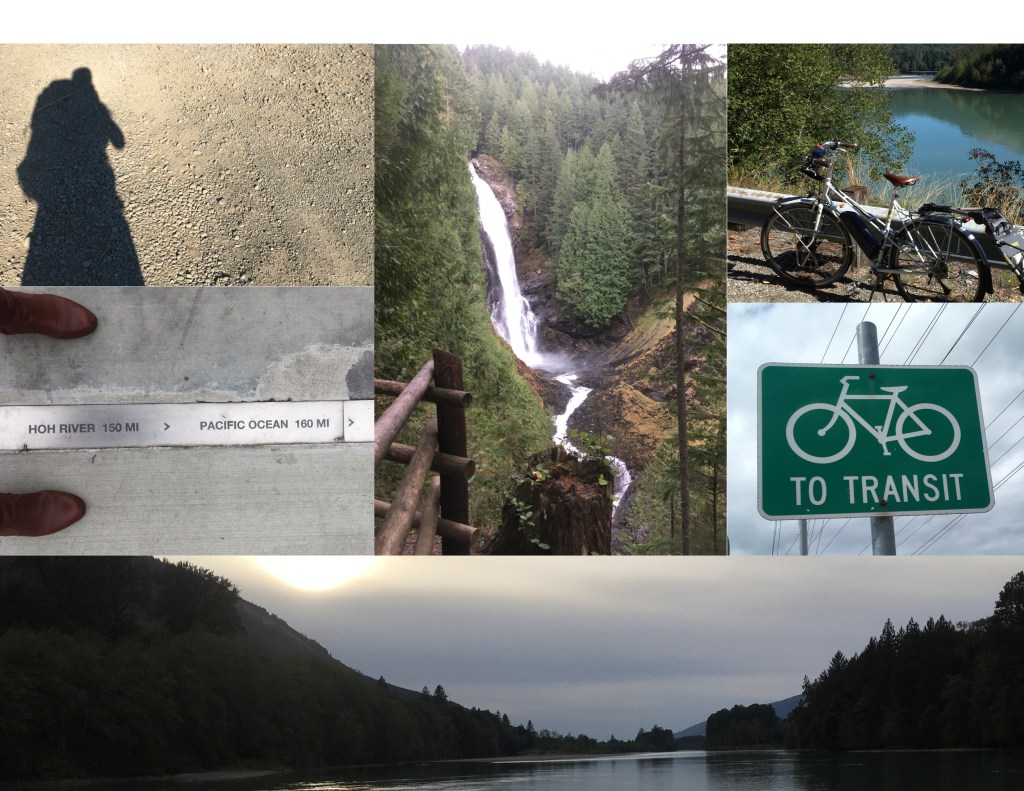 A collage of photos from my various transit treks. Includes my shadow with backpacking pack looming over shadow, my bike leaning on a railing above a river, a waterfall, and green traffic sign with a bike icon that says TO TRANSIT.