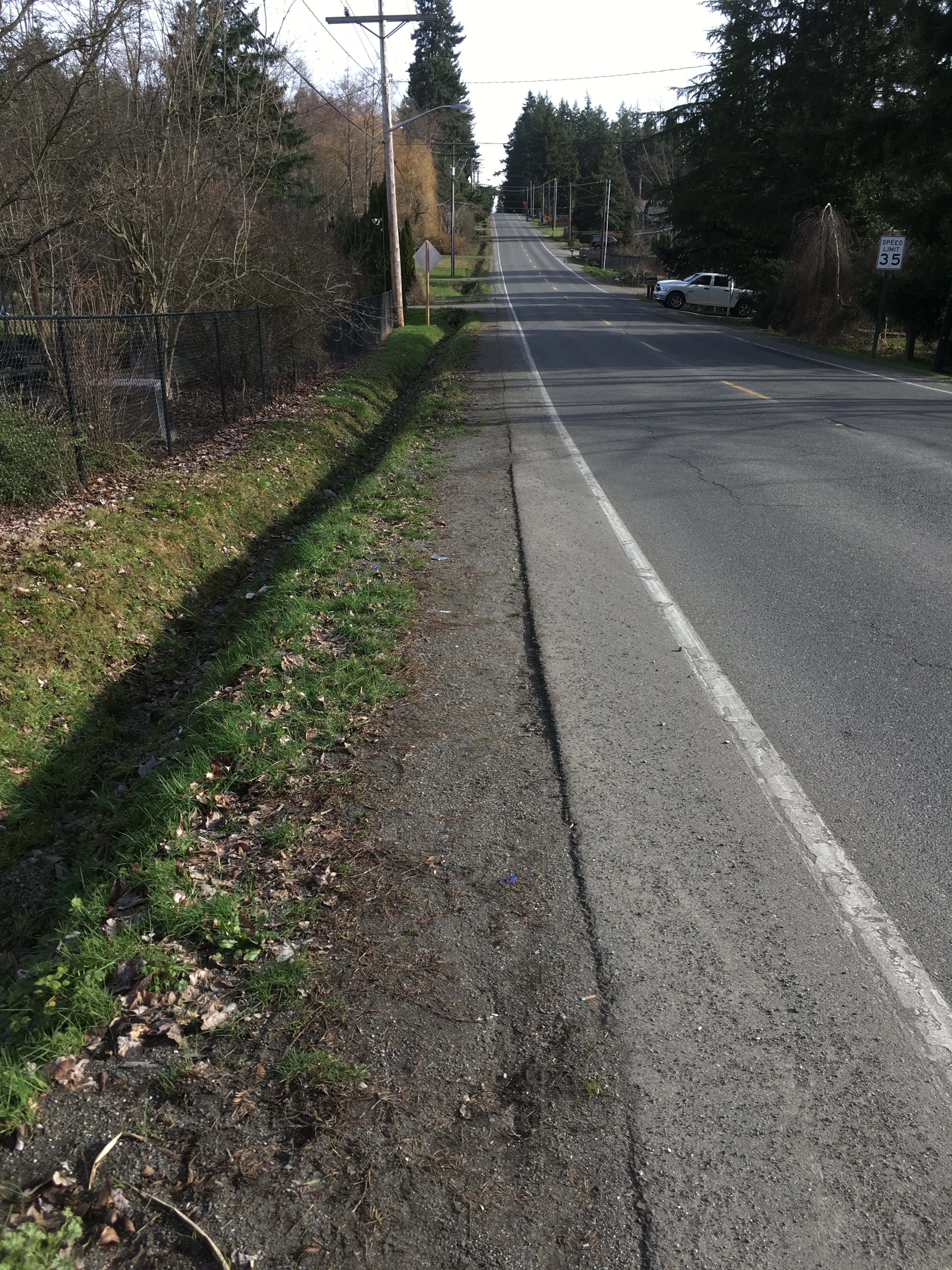 The shoulder of a 35 mph road on the outskirts of Bremerton, Washington state. The road is located in a relatively undeveloped area, so it is lined mostly with trees, shrubs, and gravel, with a telephone pole in the middle distance. There is no sidewalk. The asphalt shoulder is about 18 inches wide, with an additional 18 inches of gravel, then a little border of grass and a small ditch. It's not very walkable, and it's definitely not something that would be reasonable to navigate along with a wheelchair.