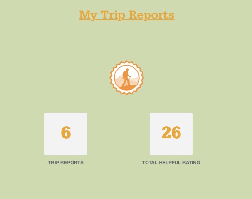 A screenshot of my trip report account on the Washington Trails Site. Titled "My Trip Report" it notes that I have written 6 trip reports and that my trip reports have received 26 total helpful ratings from other users.